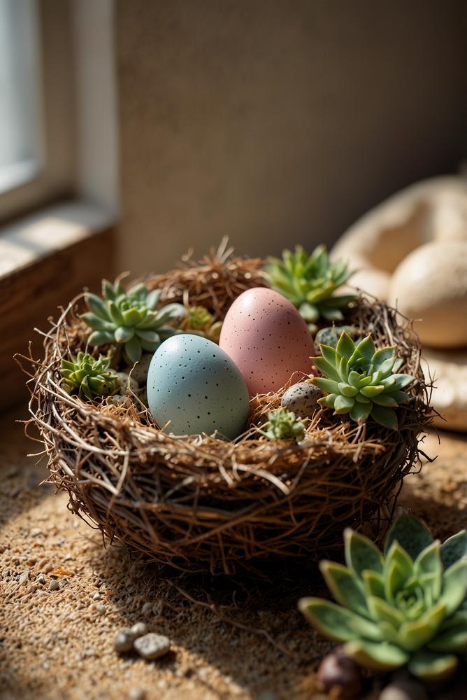 Osternest mit kleinen Sukkulenten und pastellfarbenen Eiern
