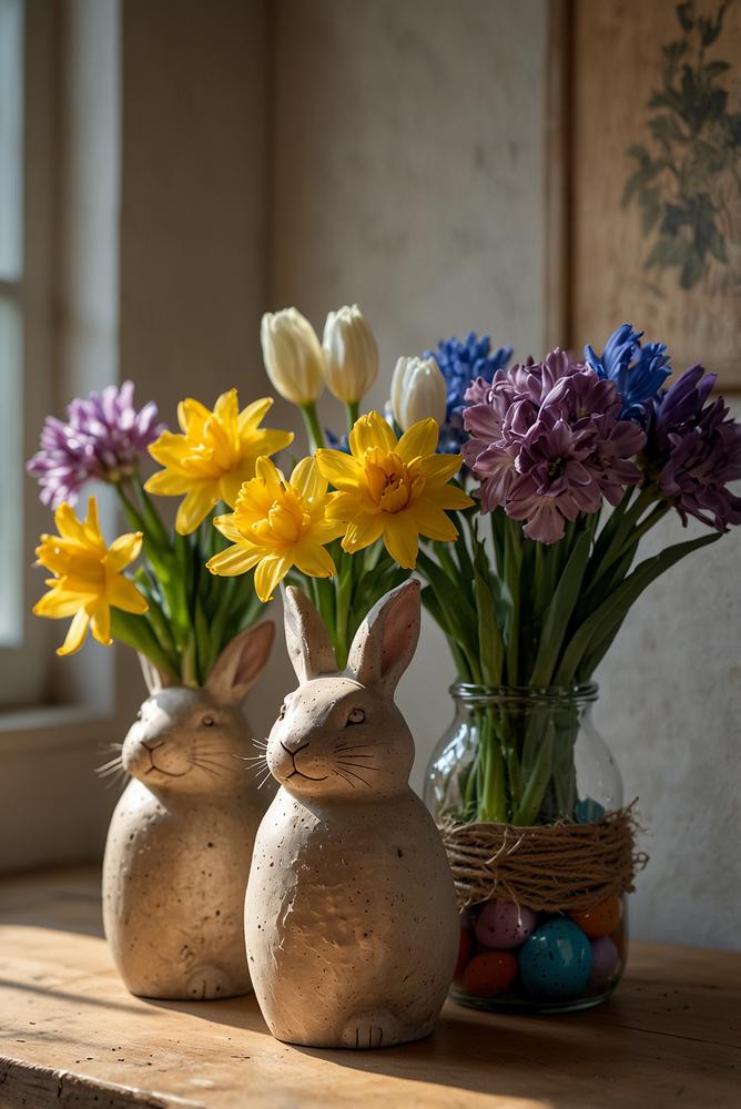 Helle, einladende Osterhasenvasen aus Altglas mit Frühlingsblumen