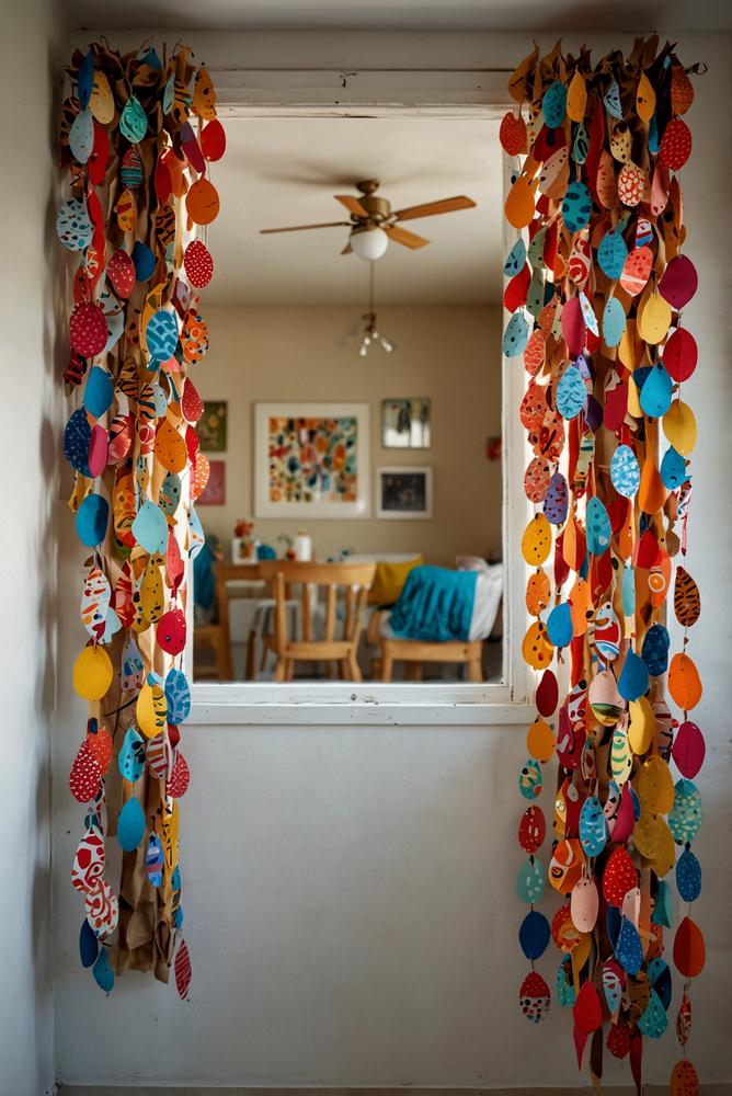 Easter egg garland from recycled paper and fabric in bright room