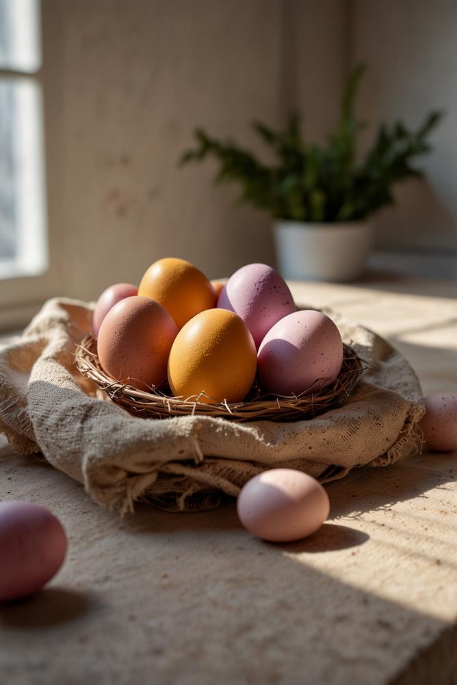 Natuerlich gefaerbte Ostereier in hellen, nachhaltigen Farben