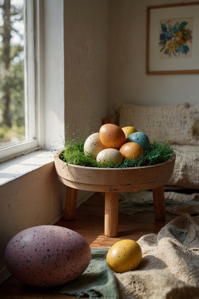 Helles Bild mit rustikalen Ostereiern aus Zeitungspapier-Mosaik