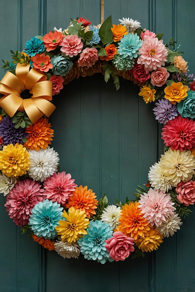 Upcycling Stoffstreifen Fruehlingskranz an heller Haustuer